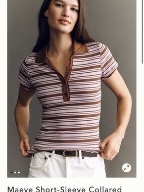 Maeve Short-Sleeve Collared Stripe Top in Brown and Light Pink